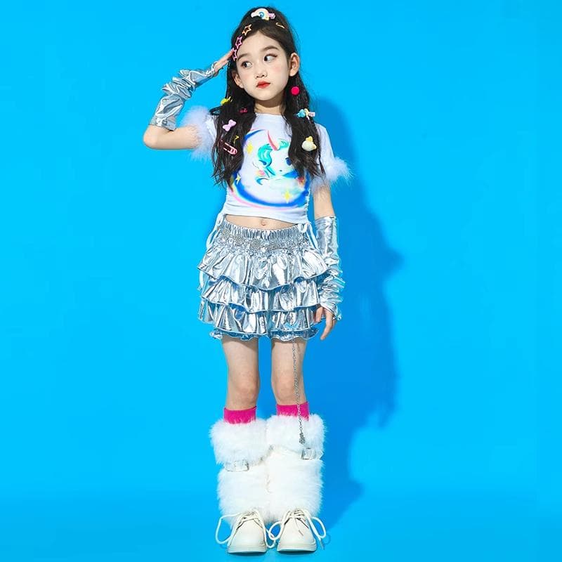 輝く銀色フリル女の子キッズダンス衣装三点セット