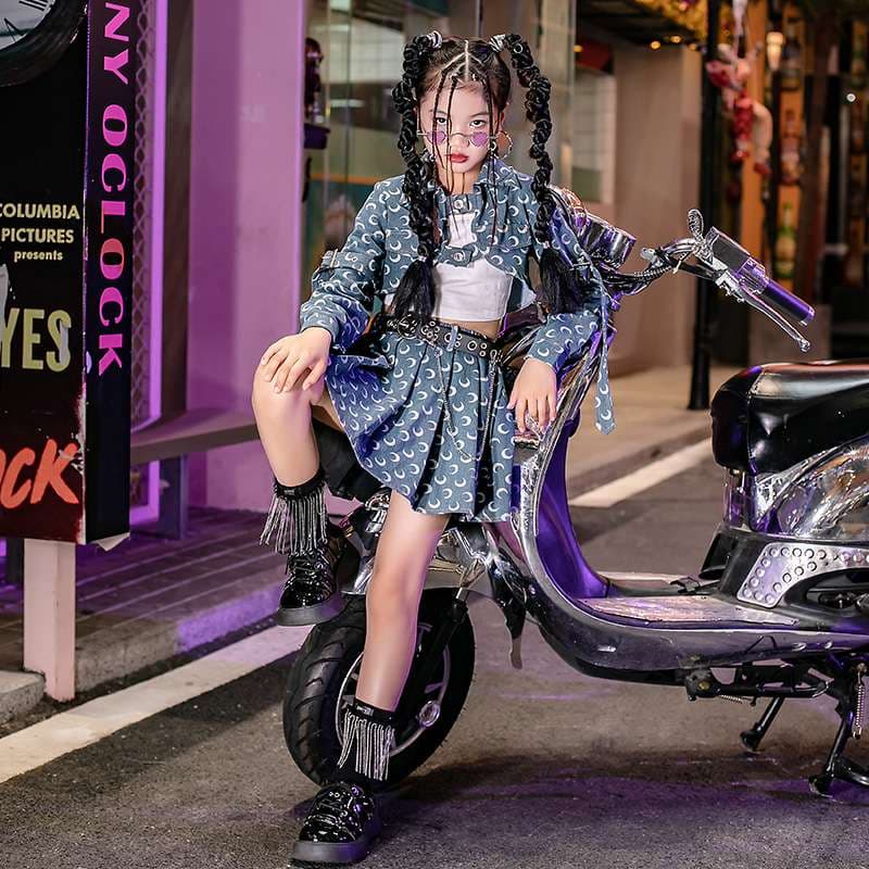 キッズダンス衣装 和柄模様クロップ丈上着ミニスカートセットアップ