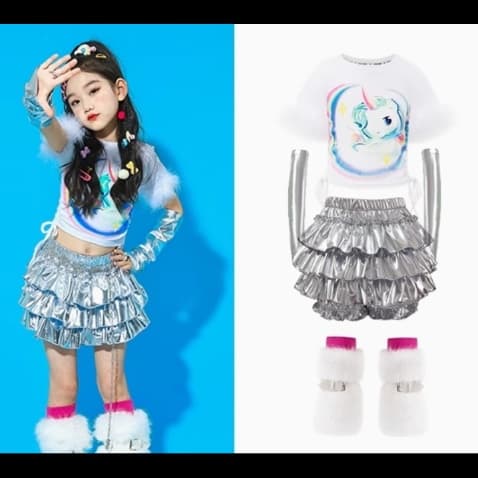 輝く銀色フリル女の子キッズダンス衣装三点セット