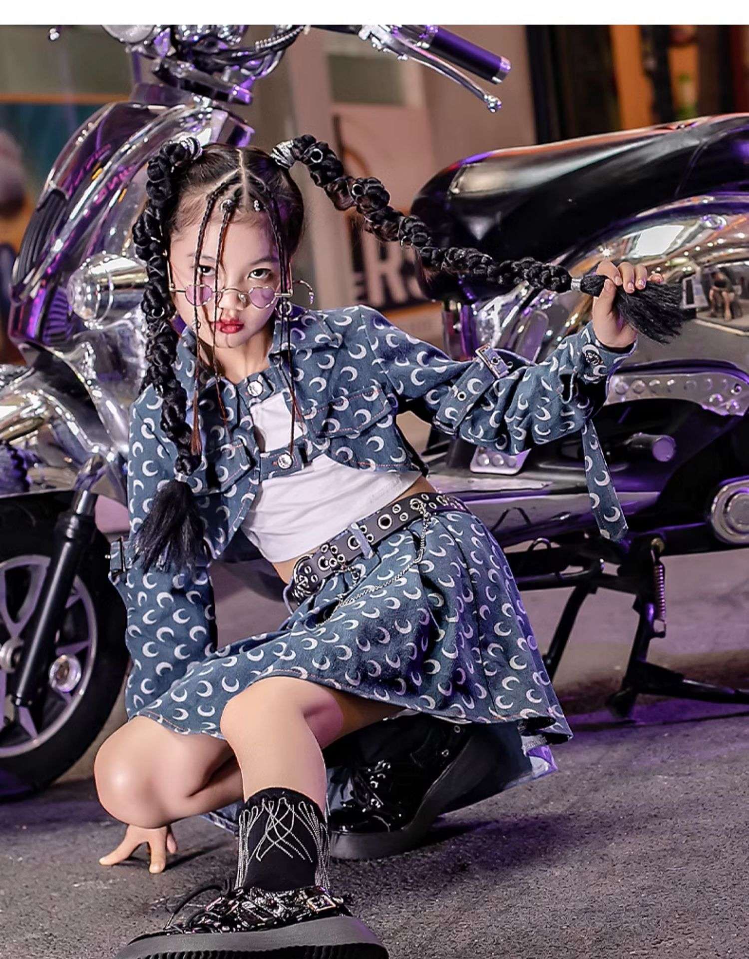 キッズダンス衣装 和柄模様クロップ丈上着ミニスカートセットアップ