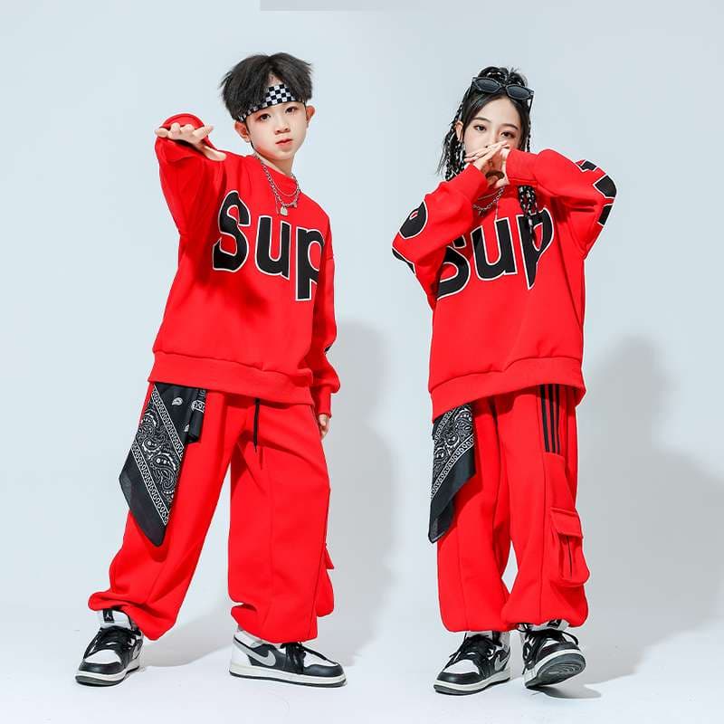 キッズダンス衣装 赤色文字入り街系子供ダンス衣装上下組