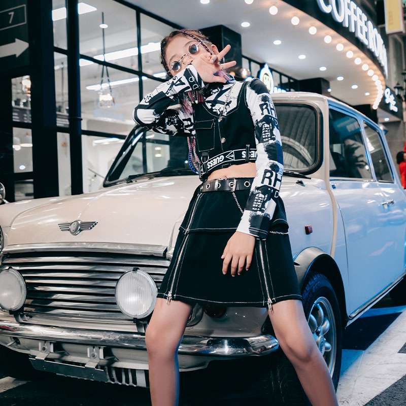 キッズダンス衣装 街頭風中華ベスト×ミニスカート上下セット