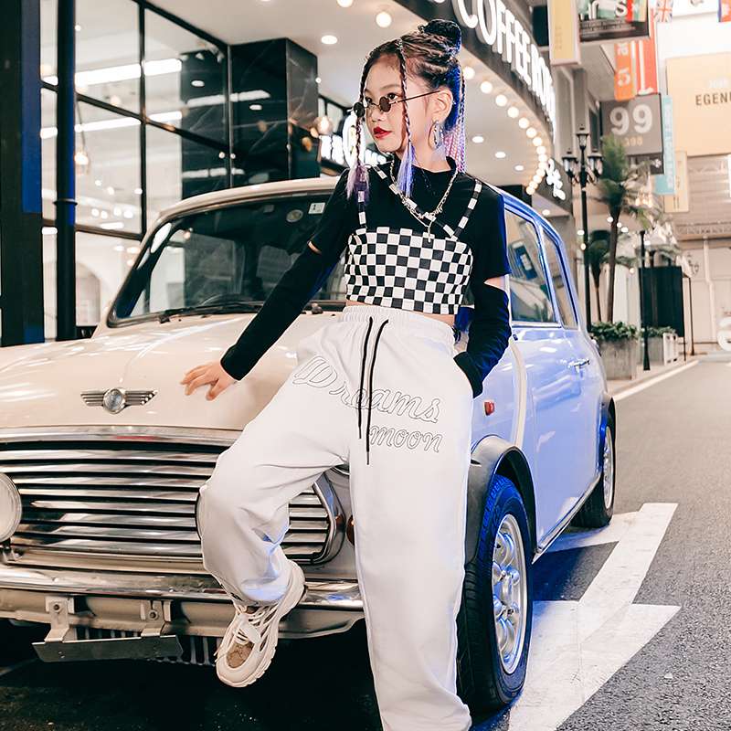 キッズダンス衣装 チェッカー柄街系ダンス衣装三点セット