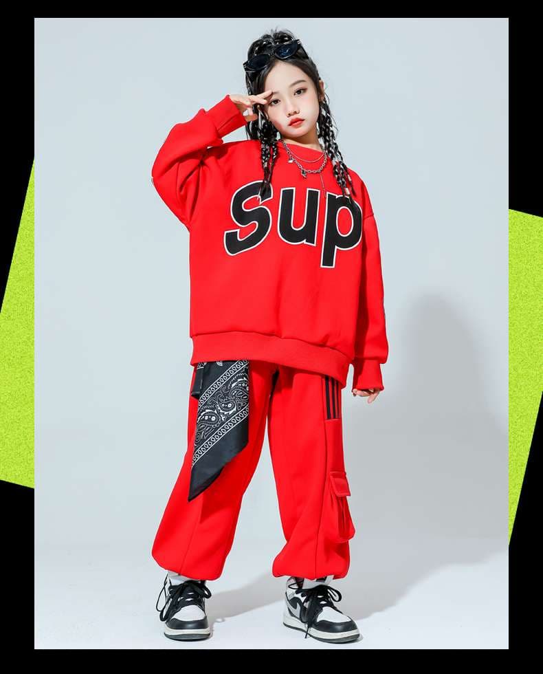キッズダンス衣装 赤色文字入り街系子供ダンス衣装上下組