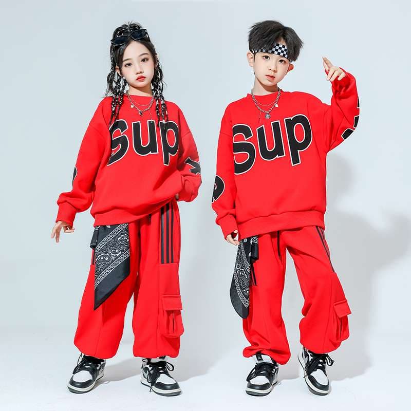 キッズダンス衣装 赤色文字入り街系子供ダンス衣装上下組