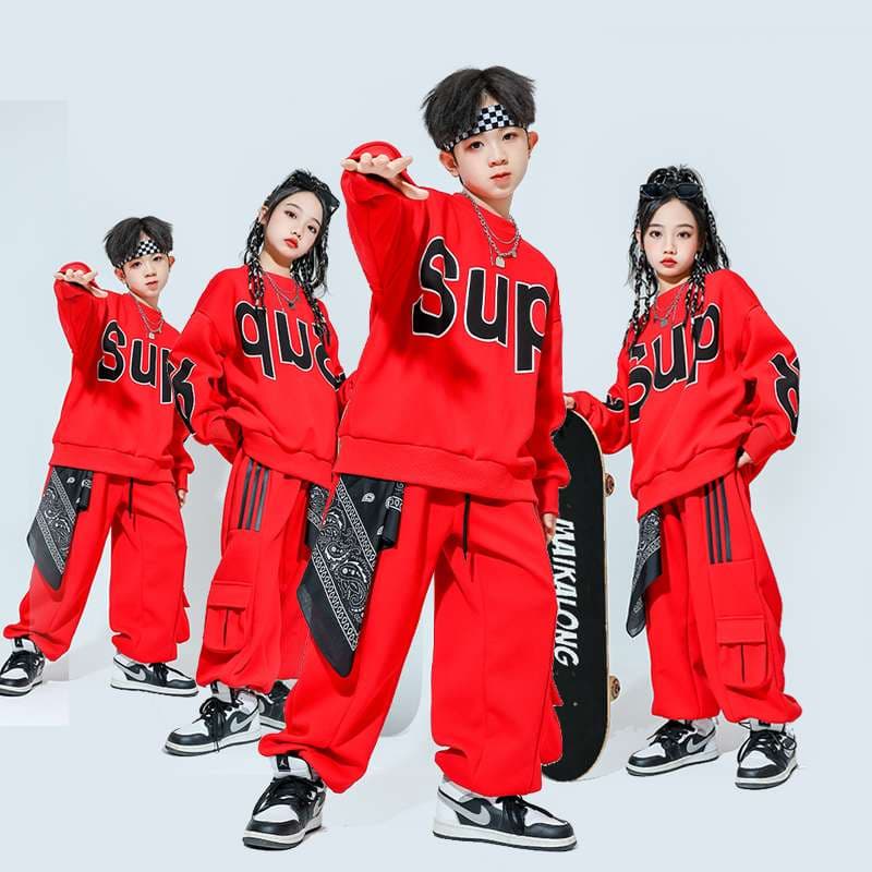 キッズダンス衣装 赤色文字入り街系子供ダンス衣装上下組