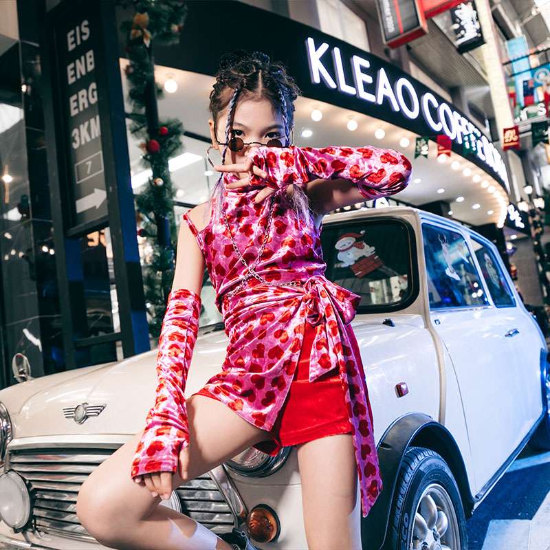 キッズダンス衣装 子供用中華風ダンス衣装セット赤ピンク花柄
