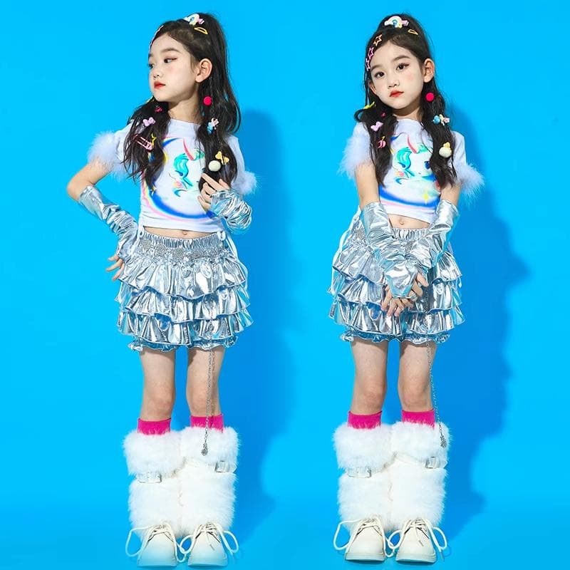 輝く銀色フリル女の子キッズダンス衣装三点セット