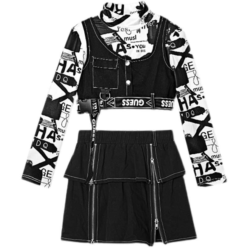 キッズダンス衣装 街頭風中華ベスト×ミニスカート上下セット