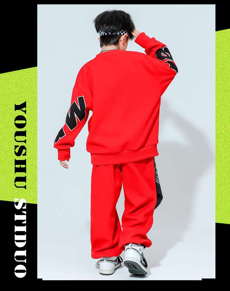 キッズダンス衣装 赤色文字入り街系子供ダンス衣装上下組