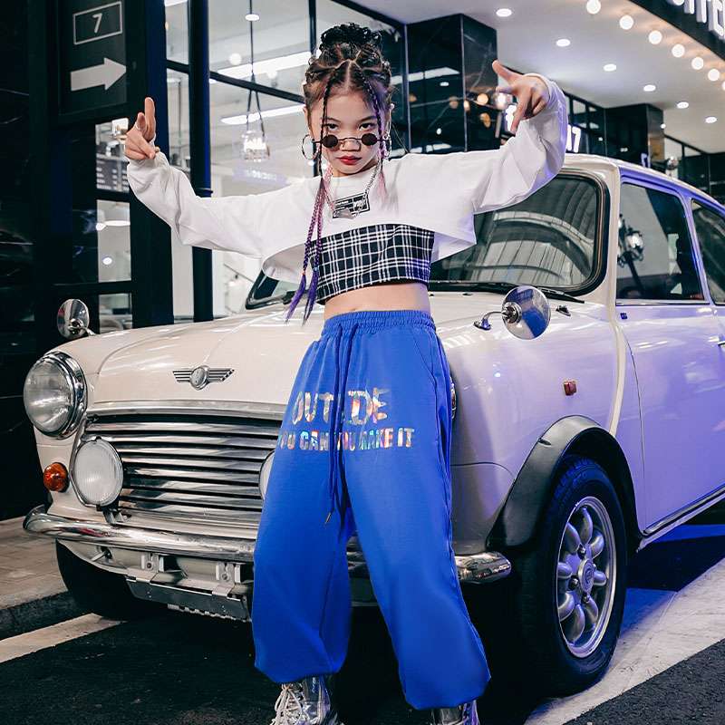 キッズダンス衣装 チェック柄ビスチェとワイドパンツの都市型ダンス衣装