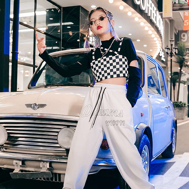 キッズダンス衣装 チェッカー柄街系ダンス衣装三点セット