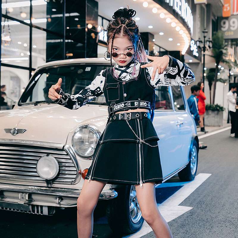 キッズダンス衣装 街頭風中華ベスト×ミニスカート上下セット