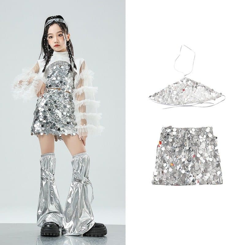 子供用スパンコール衣装セット シルバー キッズダンス衣装