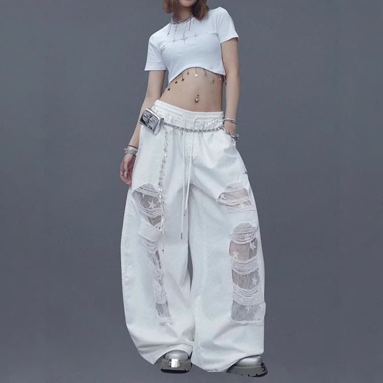 ダンス衣装 ダメージ加工ワイドシルエットストリート系パンツ