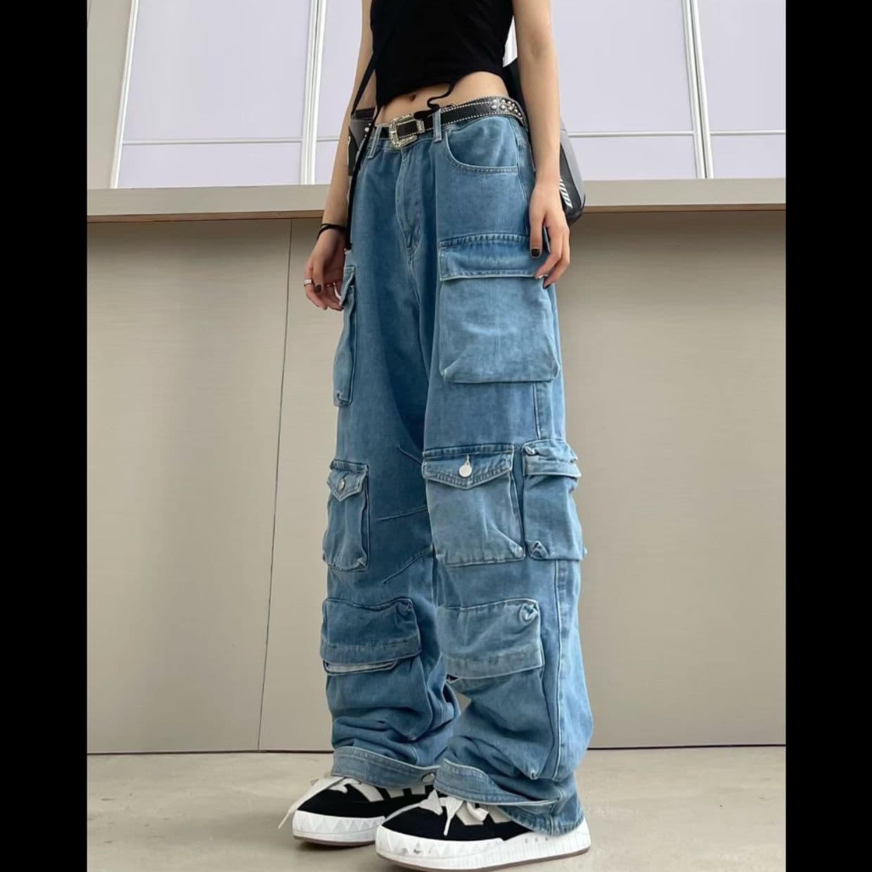 ダンス衣装 多段ポケット付きデニム風ワイドカーゴパンツ