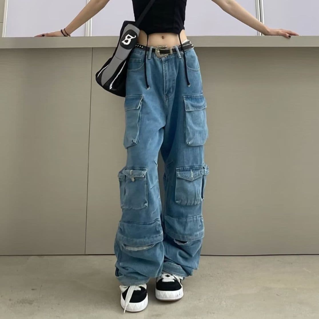 ダンス衣装 多段ポケット付きデニム風ワイドカーゴパンツ