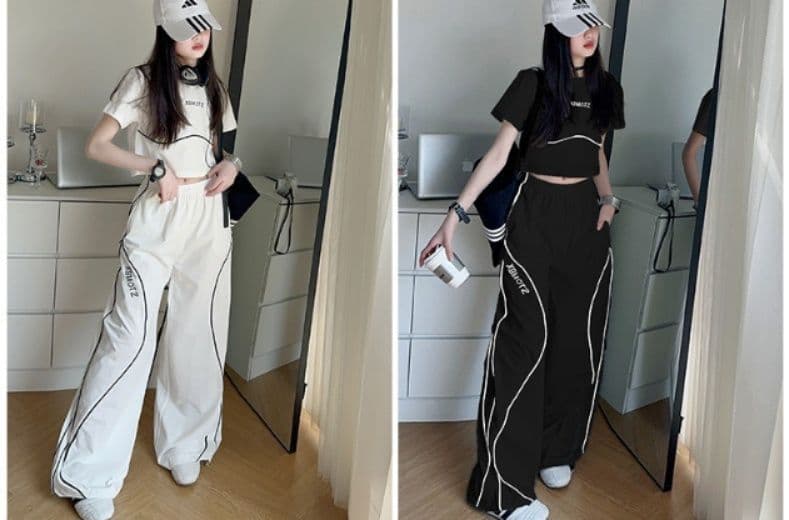 ダンス衣装 配色パイピングラインクロップトップスワイドパンツセットアップ