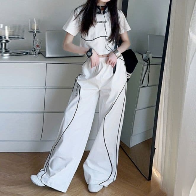 ダンス衣装 配色パイピングラインクロップトップスワイドパンツセットアップ
