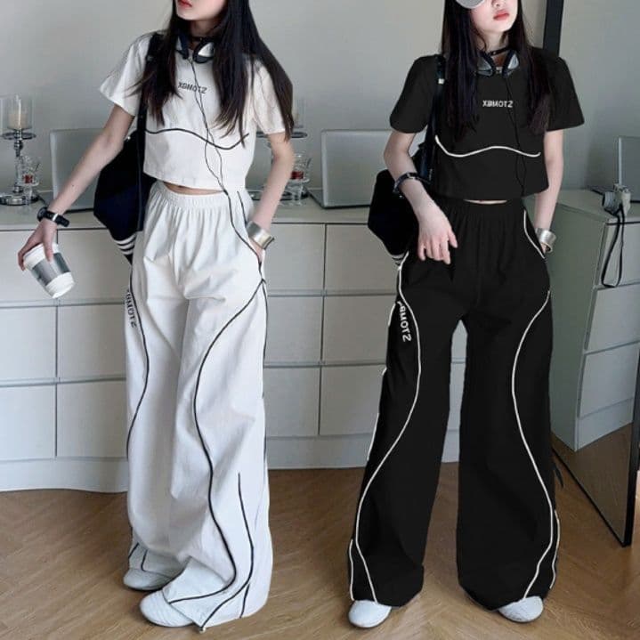 ダンス衣装 配色パイピングラインクロップトップスワイドパンツセットアップ