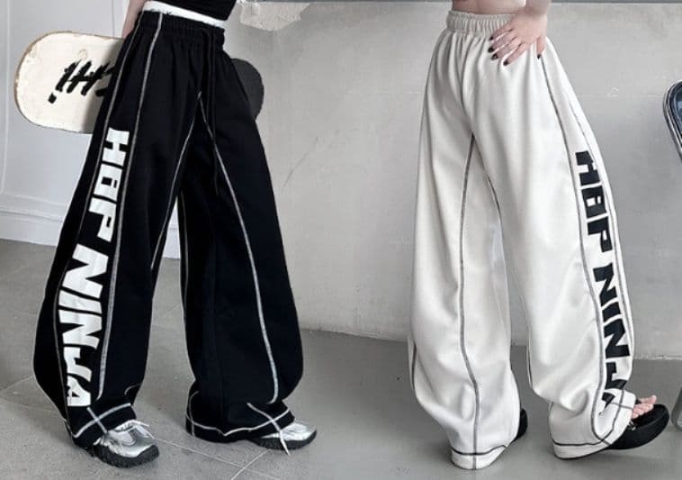 ダンス衣装 配色パイピングロゴ入りワイドシルエットパンツ