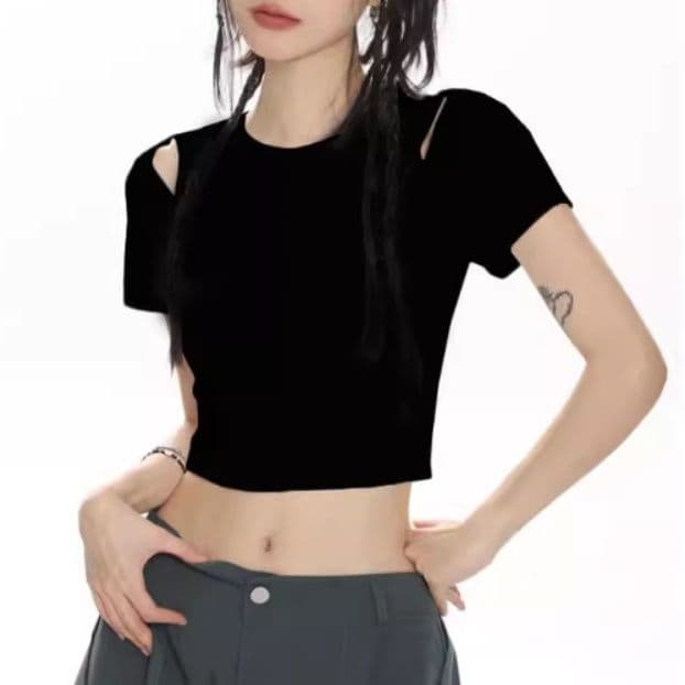 ダンス衣装 肩カット短丈クロップド半袖Tシャツ