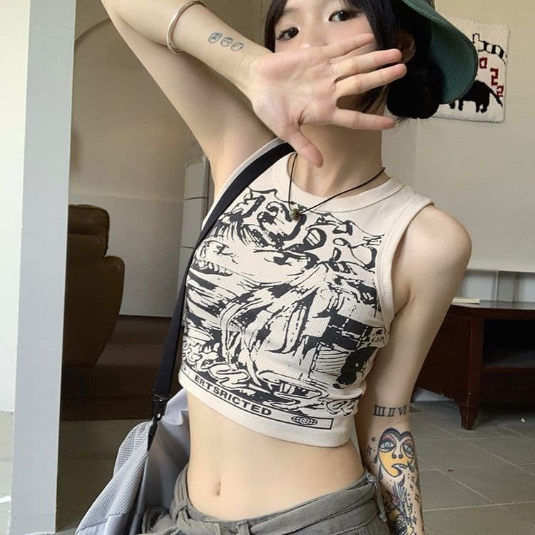 ダンス衣装 個性派グラフィックアートプリントクロップドタンクトップ