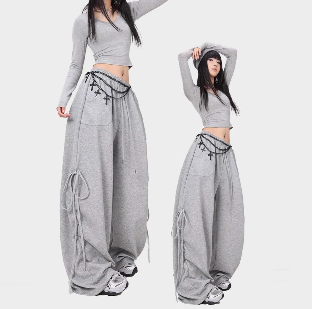 ダンス衣装 サイドドローコード付きワイドシルエットスウェットパンツ