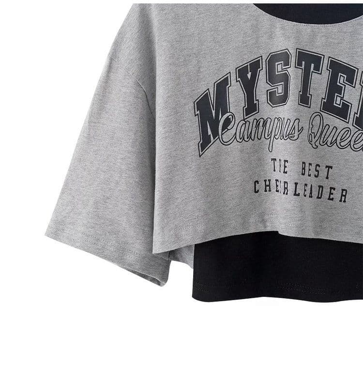 ダンス衣装 レイヤード風ロゴ入りショート丈チアリーダー半袖Tシャツ