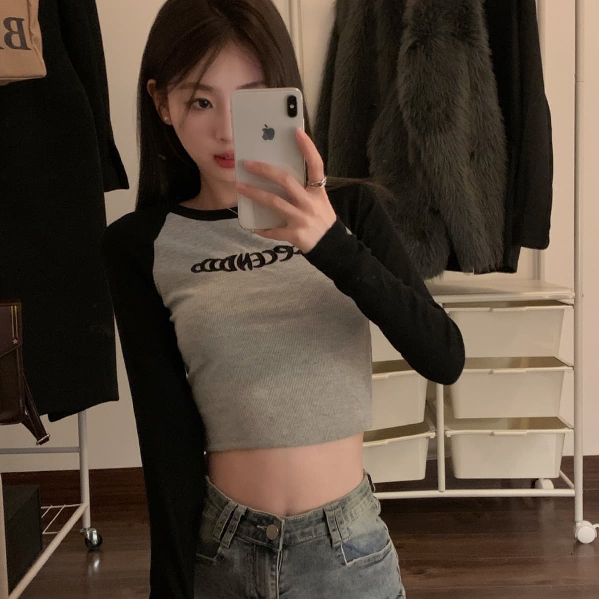 ダンス衣装 切替配色ラグランスリーブクロップドトップス