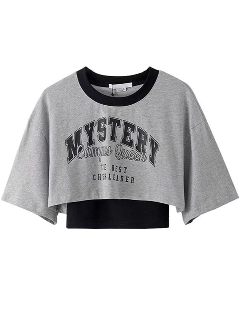 ダンス衣装 レイヤード風ロゴ入りショート丈チアリーダー半袖Tシャツ