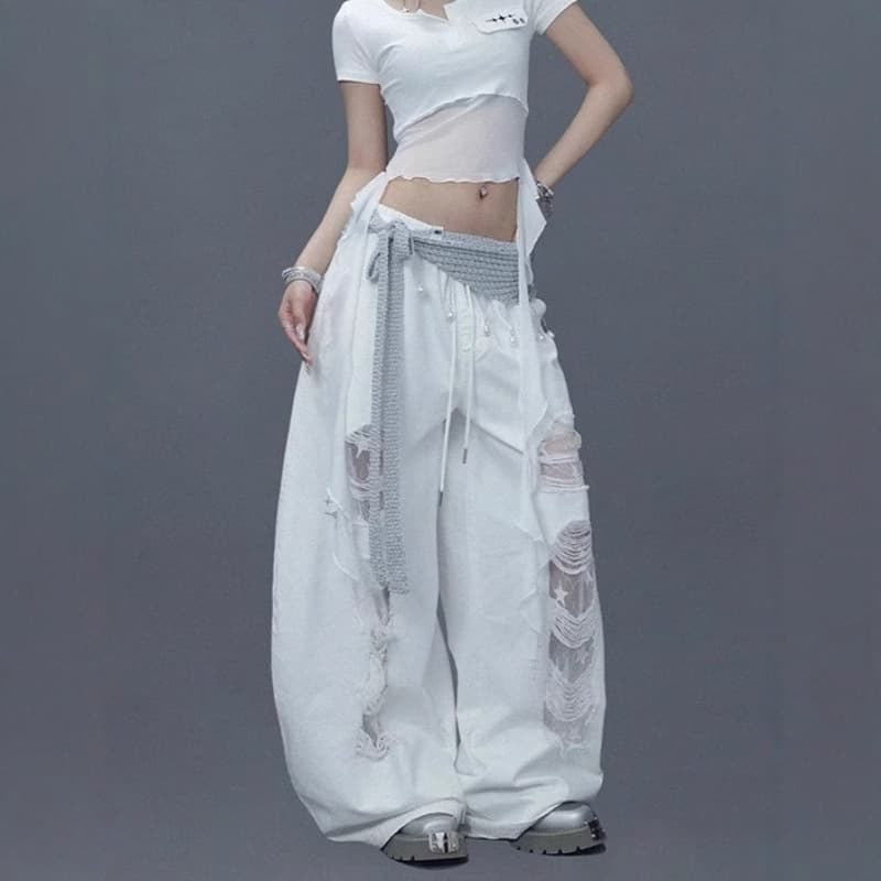 ダンス衣装 ダメージ加工ワイドシルエットストリート系パンツ