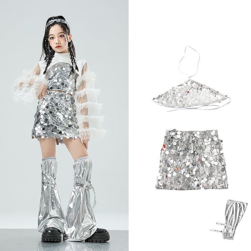 子供用スパンコール衣装セット シルバー キッズダンス衣装