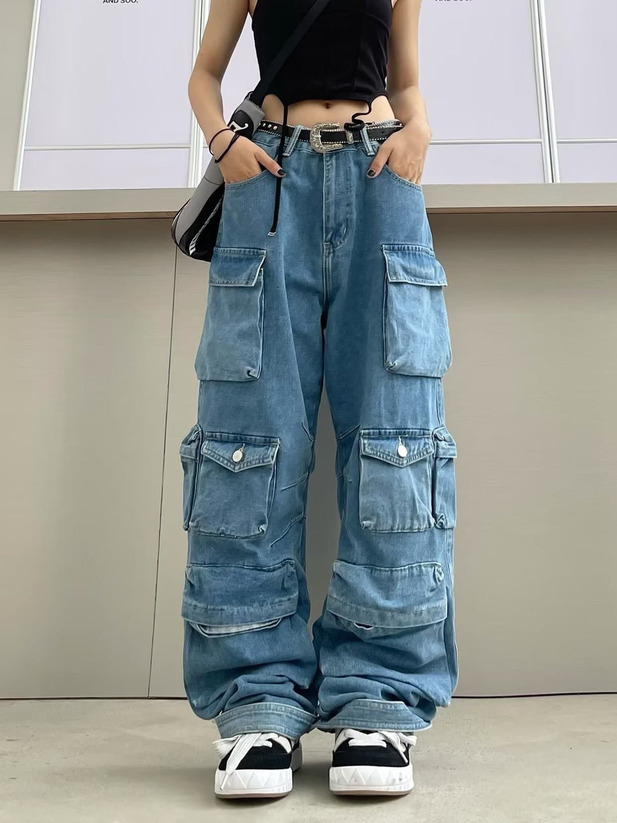 ダンス衣装 多段ポケット付きデニム風ワイドカーゴパンツ
