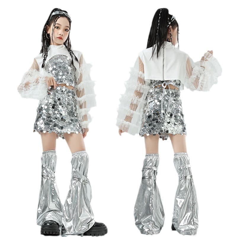 子供用スパンコール衣装セット シルバー キッズダンス衣装
