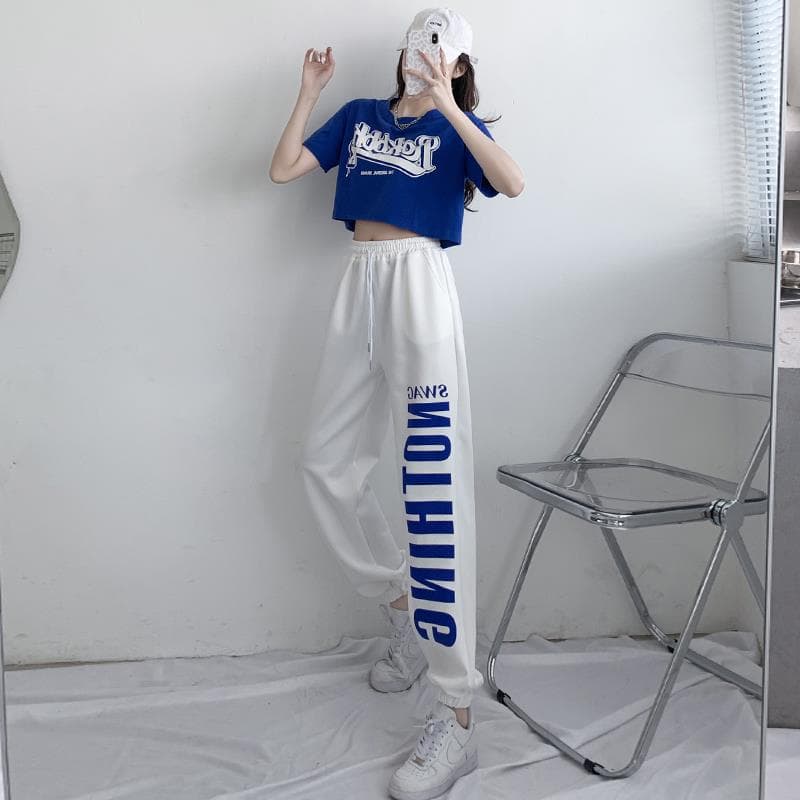 ダンス衣装 ロゴプリント半袖トップスとワイドパンツのセットアップ