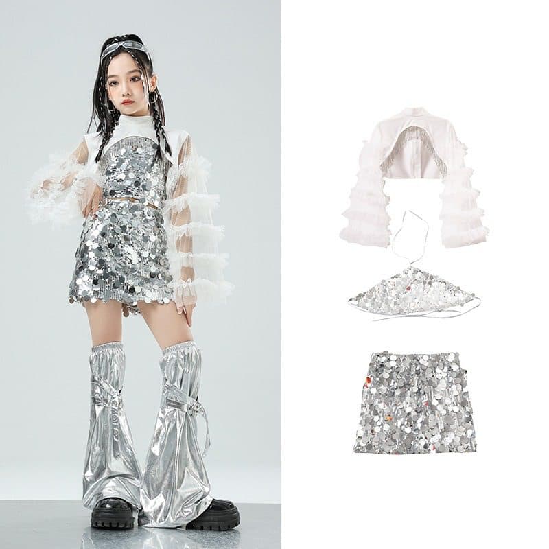 子供用スパンコール衣装セット シルバー キッズダンス衣装