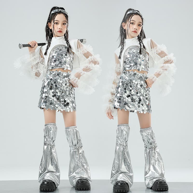 子供用スパンコール衣装セット シルバー キッズダンス衣装