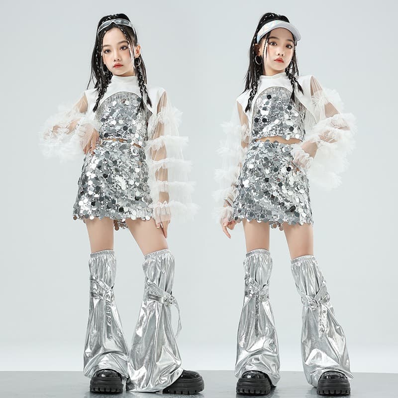 子供用スパンコール衣装セット シルバー キッズダンス衣装