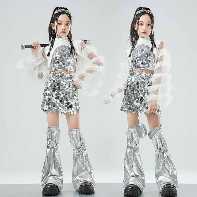 子供用スパンコール衣装セット シルバー キッズダンス衣装