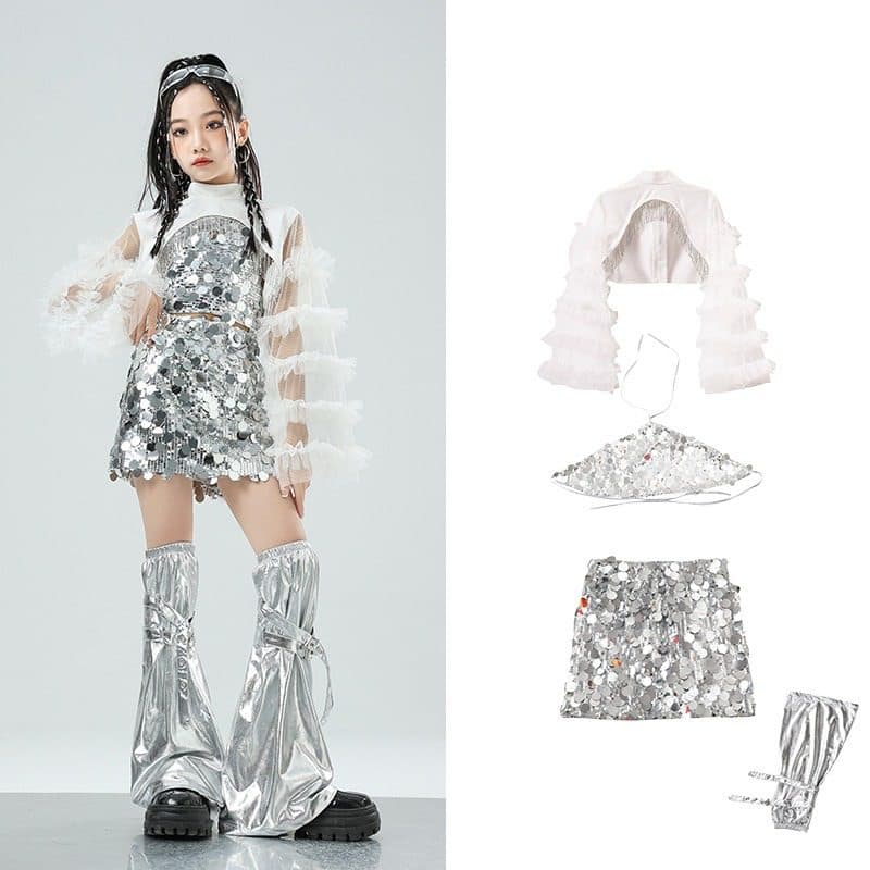 子供用スパンコール衣装セット シルバー キッズダンス衣装
