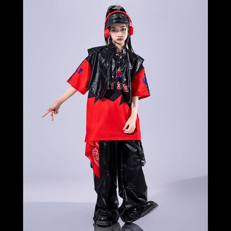 キッズダンス衣装 キッズ用ストリート風ダンス衣装セット赤黒