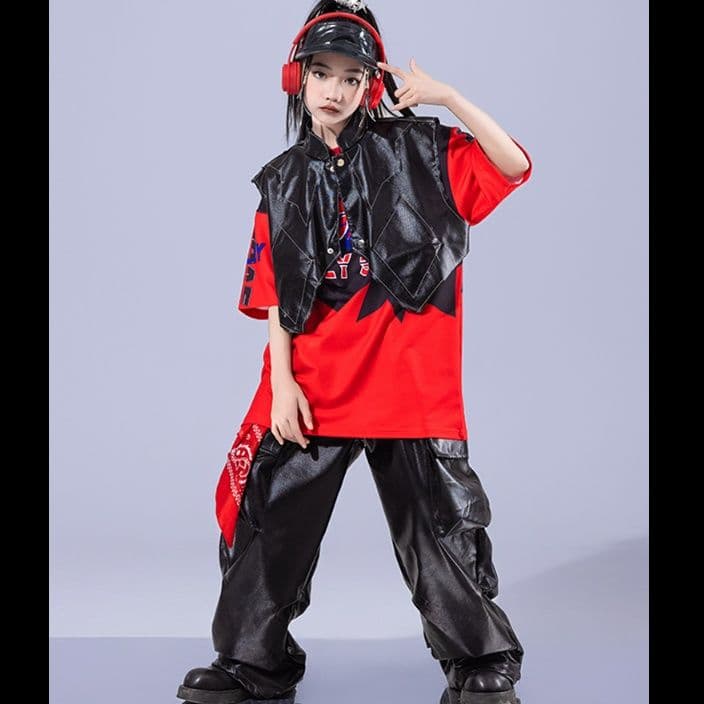 キッズダンス衣装 キッズ用ストリート風ダンス衣装セット赤黒