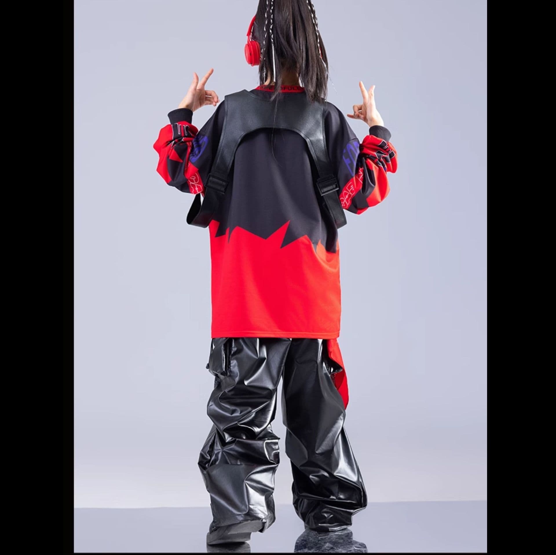 キッズダンス衣装 キッズ用ストリート風ダンス衣装セット赤黒