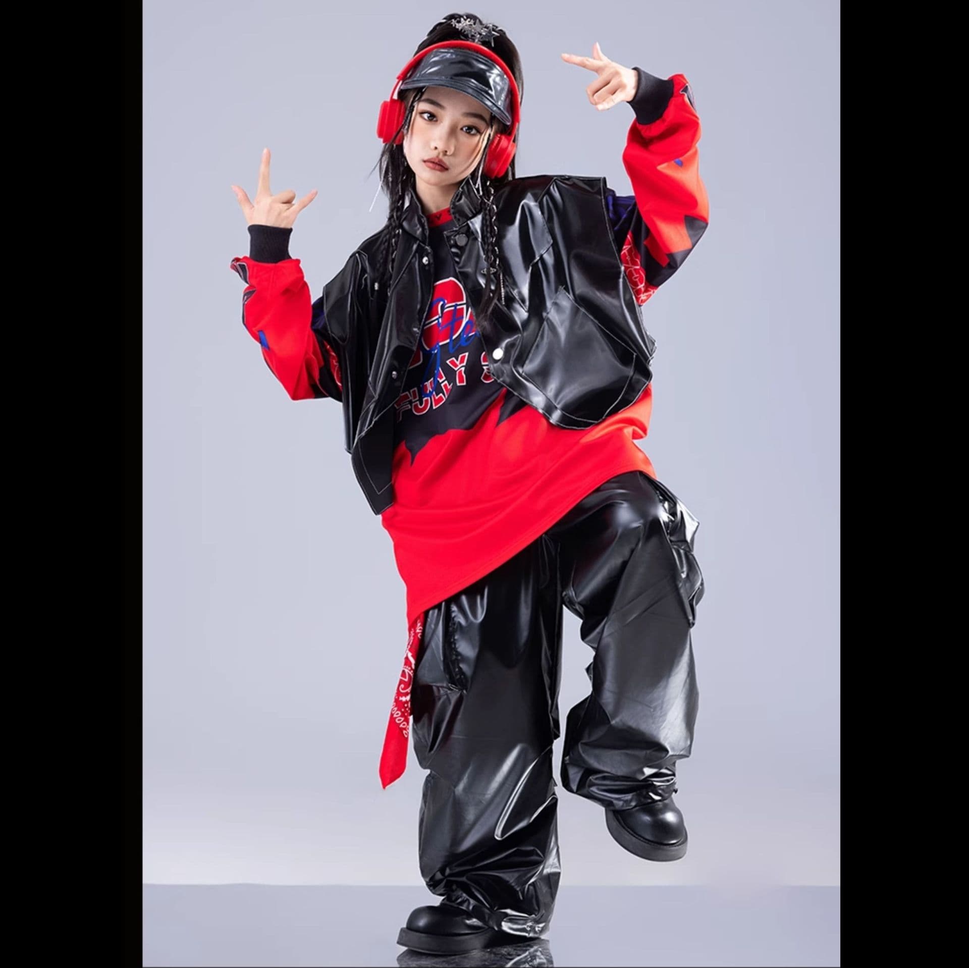 キッズダンス衣装 キッズ用ストリート風ダンス衣装セット赤黒