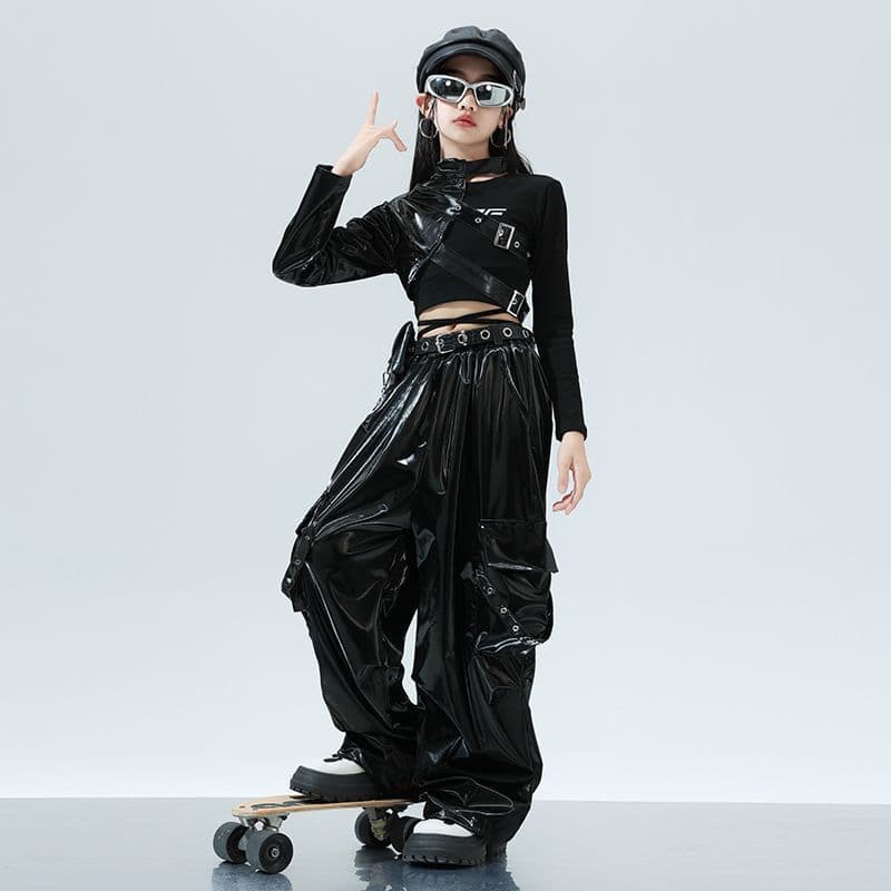 近未来系黒光沢キッズダンス衣装上下組