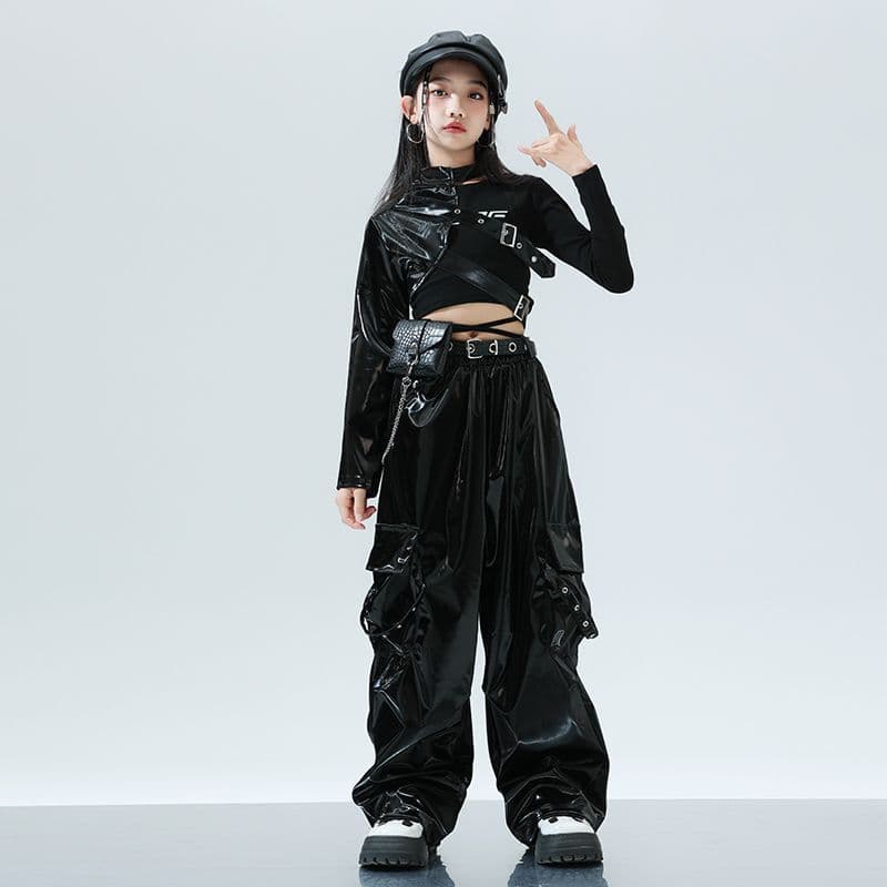 近未来系黒光沢キッズダンス衣装上下組
