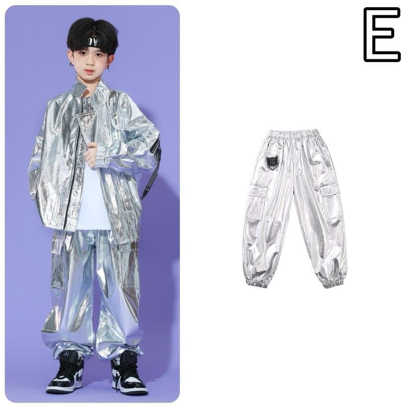 キッズダンス衣装 子供用シルバーメタリック上下セットヒップホップ衣装