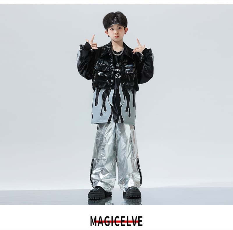 キッズダンス衣装 キッズヒップホップ衣装 黒銀セットアップ