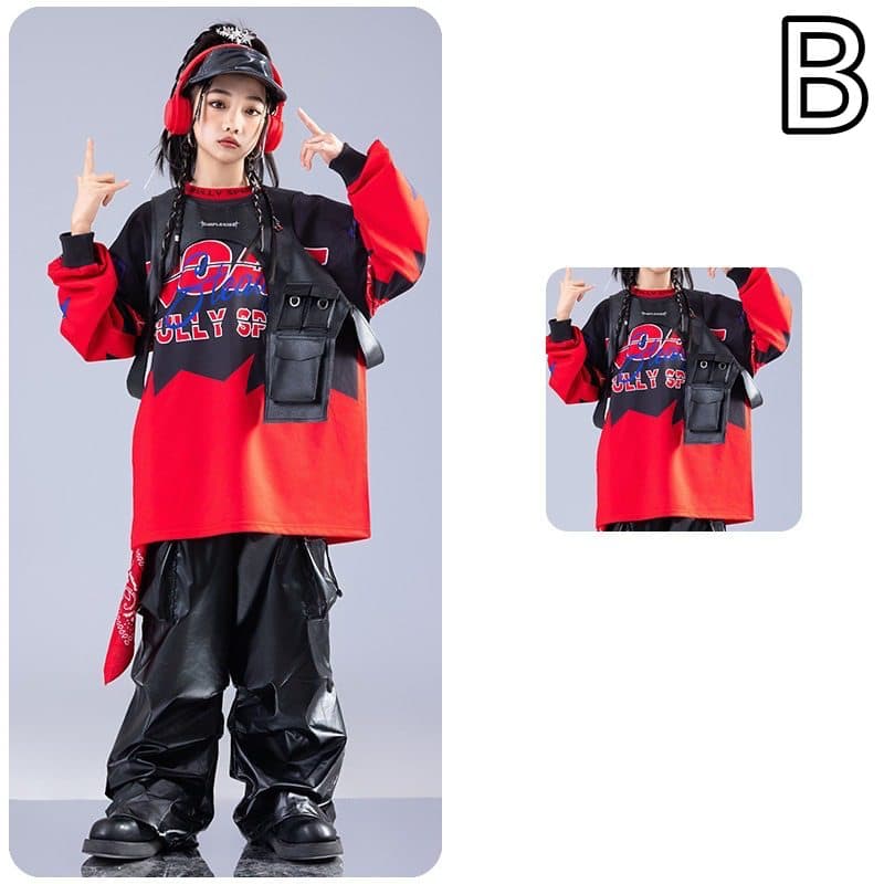 キッズダンス衣装 キッズヒップホップダンス衣装セット赤黒コーデ